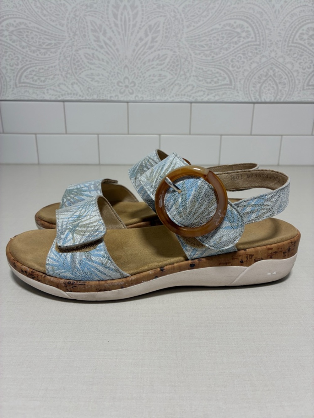 Rieker Remonte Soft - Light Blue Botanical Patterned Adjustable Buckle Sandals - Picture 6 of 12